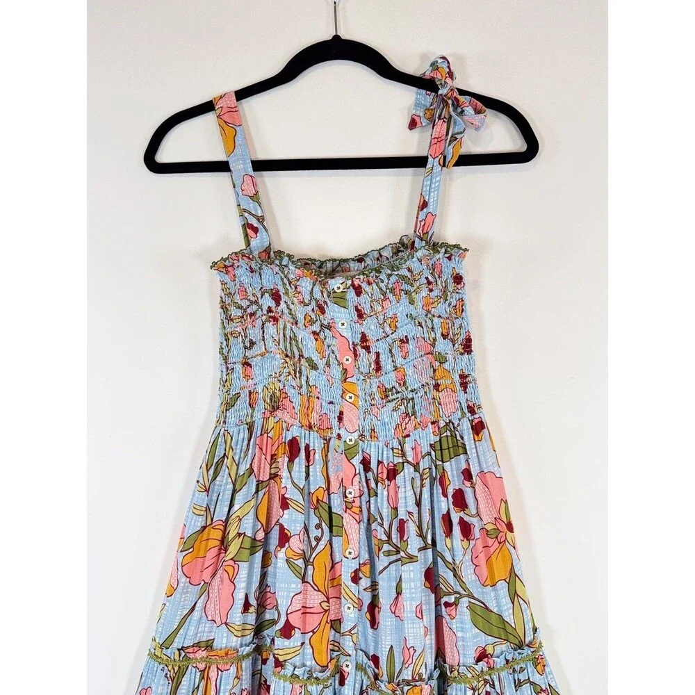 Poupette St Barth Dress Blue Midi Kleid Triny Floral Tank Tiered Smocked Boho XS